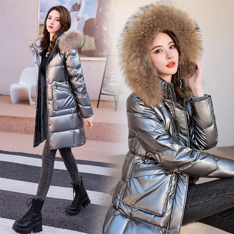 2024 Duck Explosion Down Jacket Female Temperament Loose Hooded Fashion Wash-free Warm Fur Collar Winter Coat Female Tide