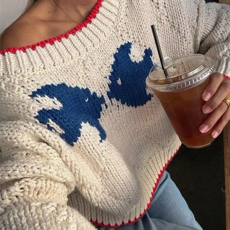 

Women Knitted Pullovers Sweaters Color Blocked Jumper Jacquard Round Neck Long Sleeve Loose Casual Streetwear 2026 Autumn Winter