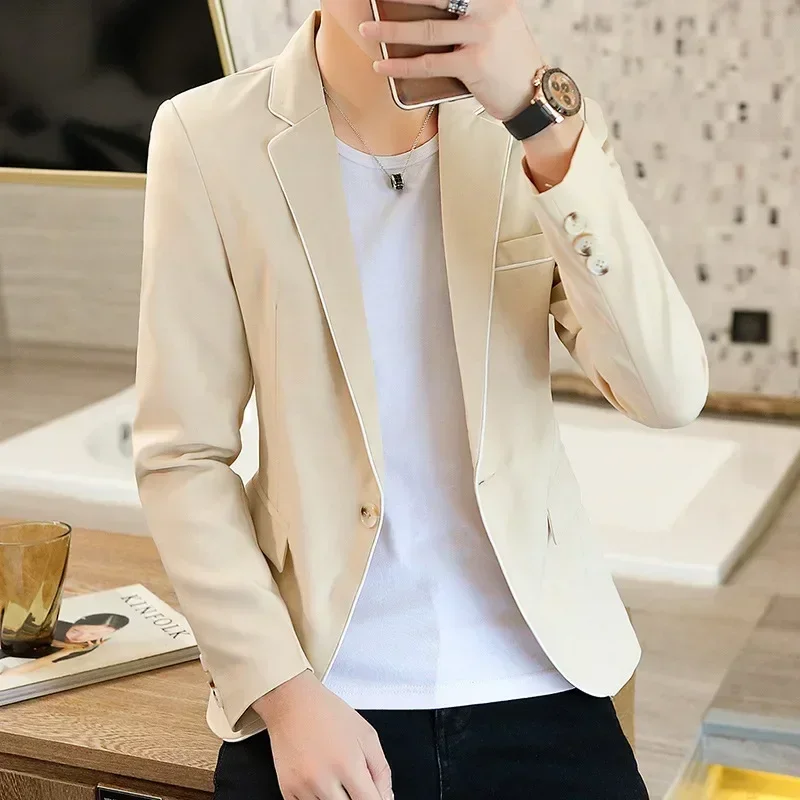 Men's Spring New Casual Handsome Slim-Fitting Suit Trendy Youth Single Button Trim    blazers