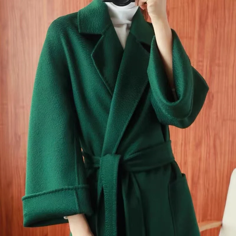 

Double-Sided Camere Batobe with Umbrella Hem Classic Wave Pattern Caramel Color Korean Sle Long Coat for Women