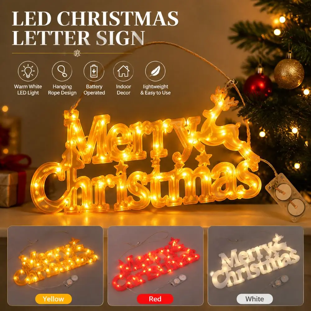 New Merry Christmas LED Letter Sign 3D with Hanging Rope Letter Light Plaque Xmas Garland String for Holiday Party