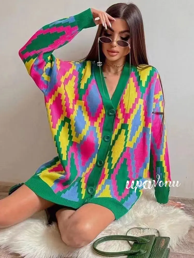 Free Shipping V-neck Lantern Long Sleeve Cardigan Women Knitted Printed Oversized Sweater Spring 2022 Single-breasted Cardigan