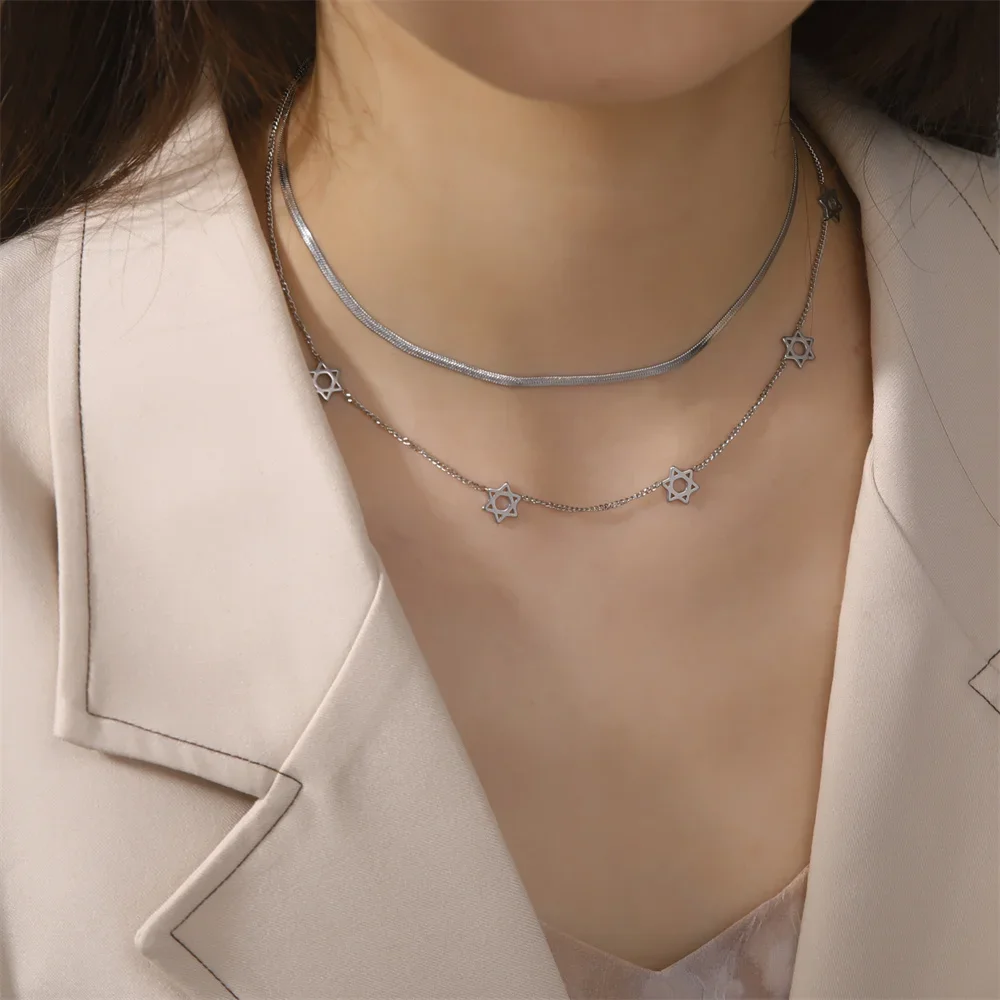 Skyrim Star of David Hexagram Necklace Women Stainless Steel Double Layer Clavicle Snake Chain Israel Jewish Judaism Jewelry