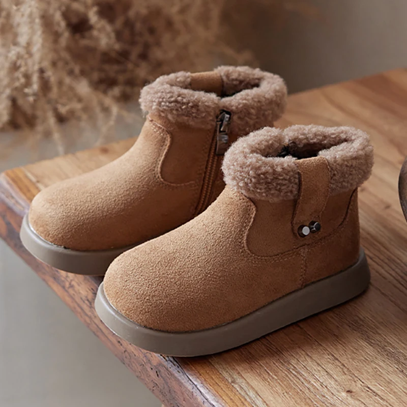 

Винтажные зимние ботинки для детей, толстые теплые зимние ботинки из искусственного меха для мальчиков и девочек, плюшевые детские ботинки из искусственной кожи, зимняя хлопковая обувь