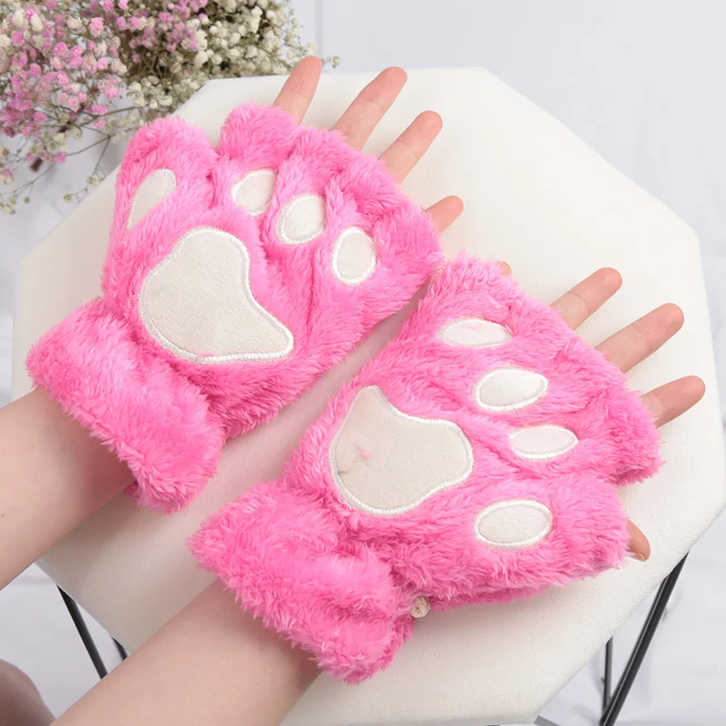 Frauen Cartoon Katze Klaue Handschuhe Verdickt Plüsch Schöne Stil Bärentatze Ausgesetzt Finger Halb Winter Fäustlinge Warme Mädchen Geschenk Handschuhe