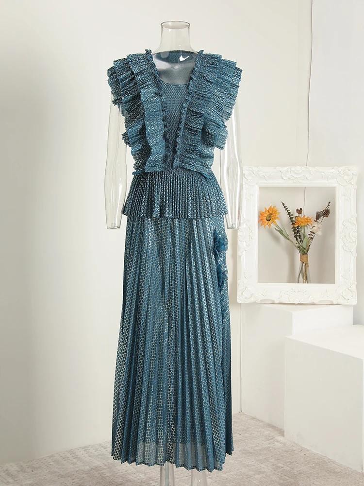 Miyake Celebrity Elegant Double-Layer Lotus Leaf Edge V-Neck Sleeveless Waist Top + High Waist Skinny Split Split Skirt Set