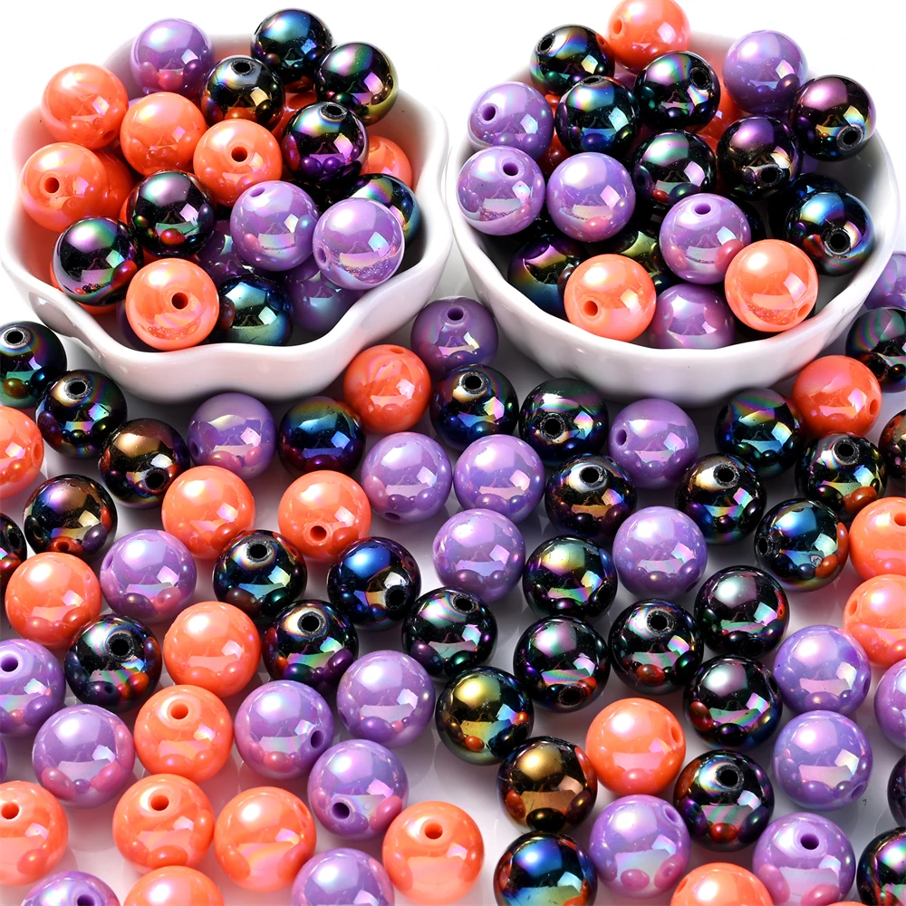 200pcs 14mm Colorful Halloween Round AB Acrylic Beads, Orange Black and Purple Round Beads Mix Suitable for Holiday Decorations Couple Bracelets DIY Jewelry Accessories