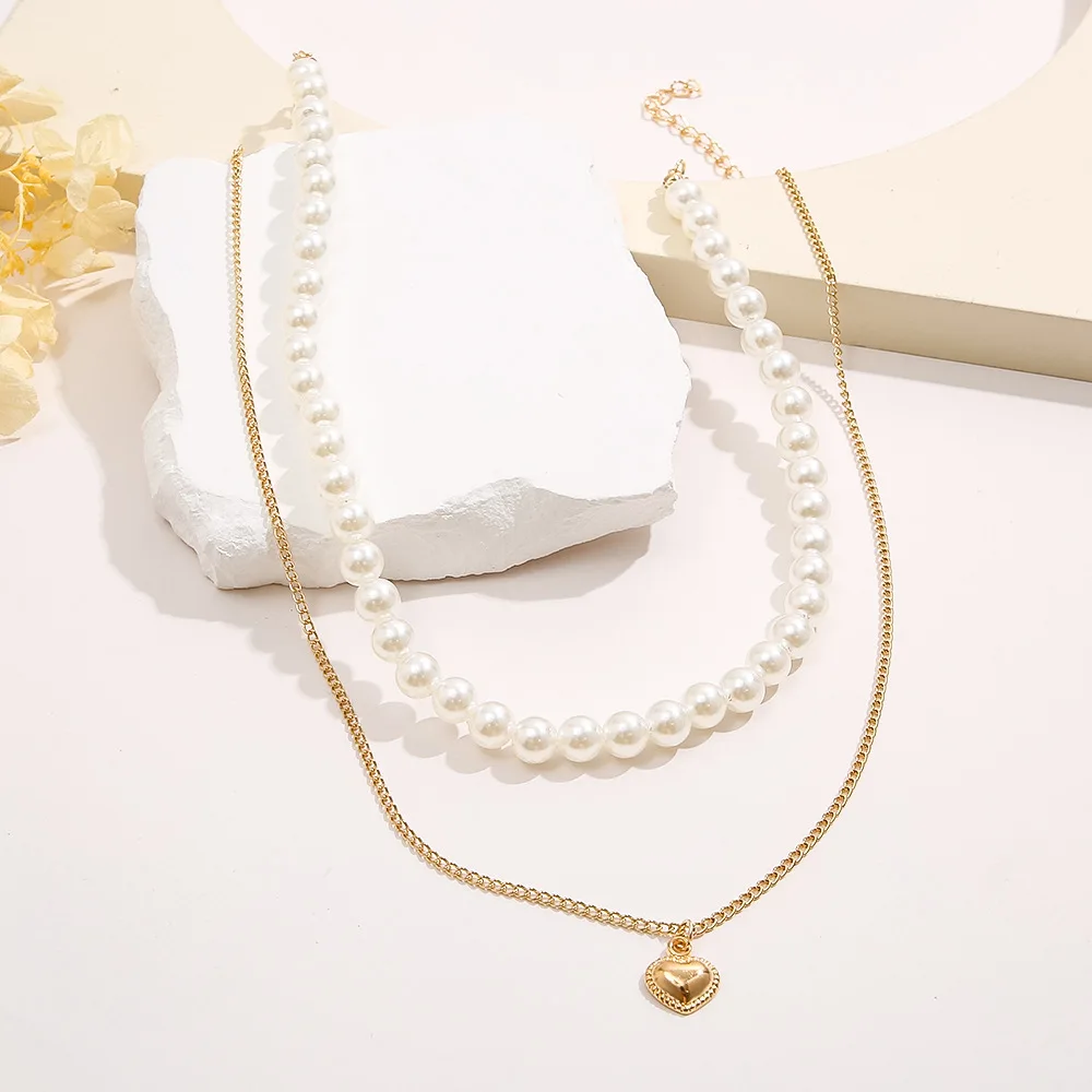 1Pcs Hot Selling New Pearl Heart Double-Layer Layered Collarbone Necklace, Fashionable and Sweet Temperament Women's Necklace image 2