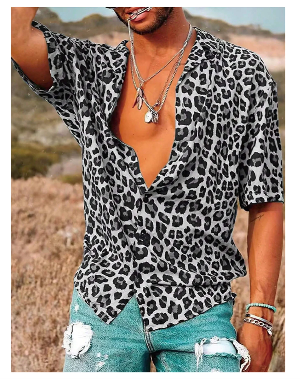 2024 new men\'s shirt leopard print print shirt Hawaiian daily short sleeved button comfortable casual men\'s clothing