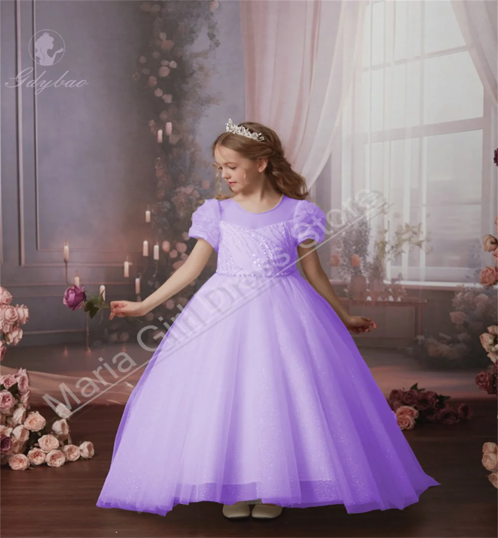 Eleganckie sukienki dla dziewczynek sypiących kwiatki, długie, prześwitujące, z okrągłym dekoltem, idealne na konkursy piękności, sakramenty, wesela i przyjęcia.