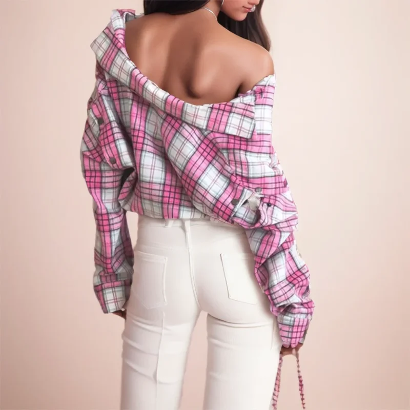 قميص نسائي كبير الحجم ذو مربعات وردية، طراز جديد متعدد الاستخدامات مع ياقة بأكمام طويلة قابلة للفصل وطبقة خارجية #2