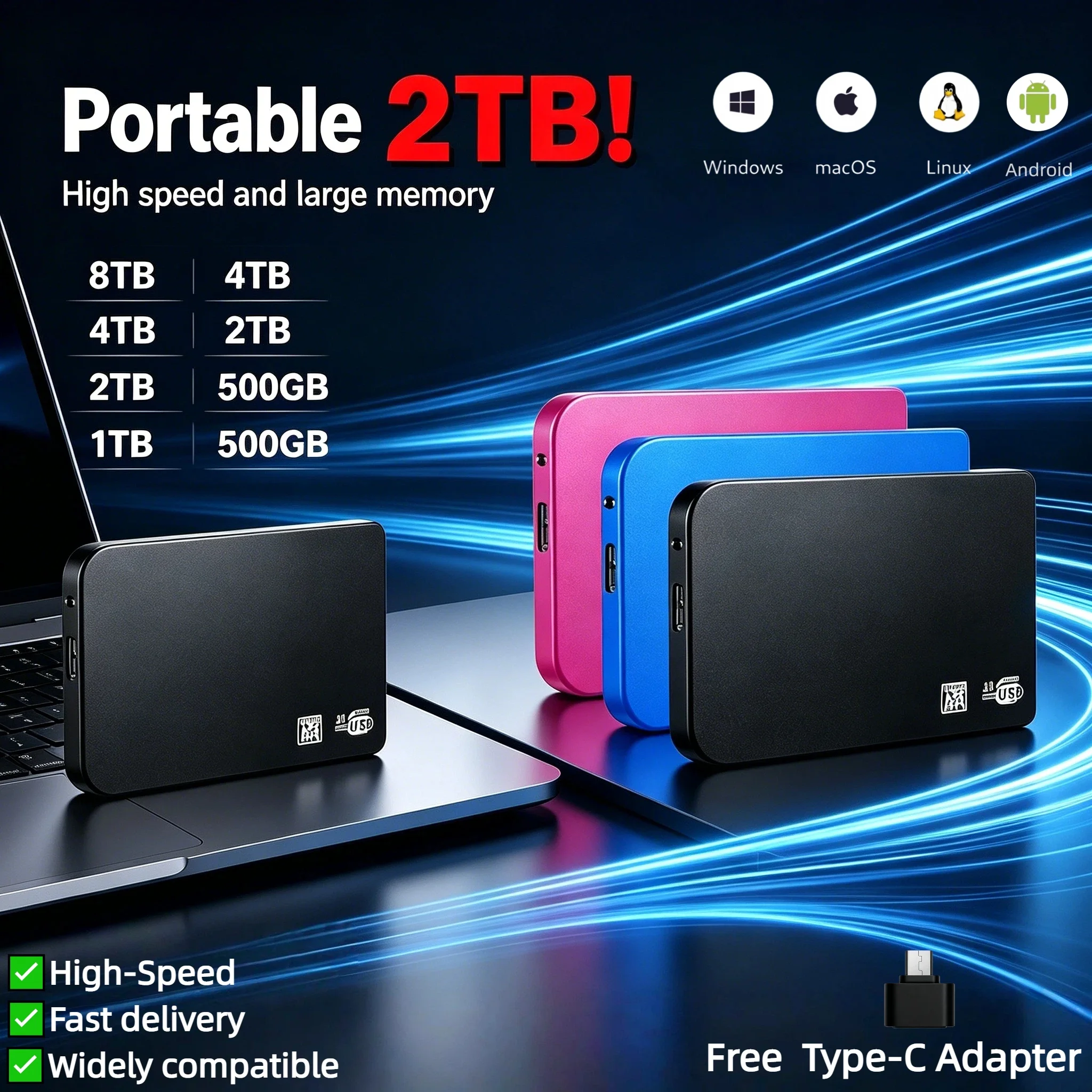 

Портативный SSD-накопитель USB3.0 2026 года, высокоскоростной внешний жесткий диск 2 ТБ, огромная емкость для ноутбуков и ПК, устройство для резервного копирования, Plug & Play, ультратонкий