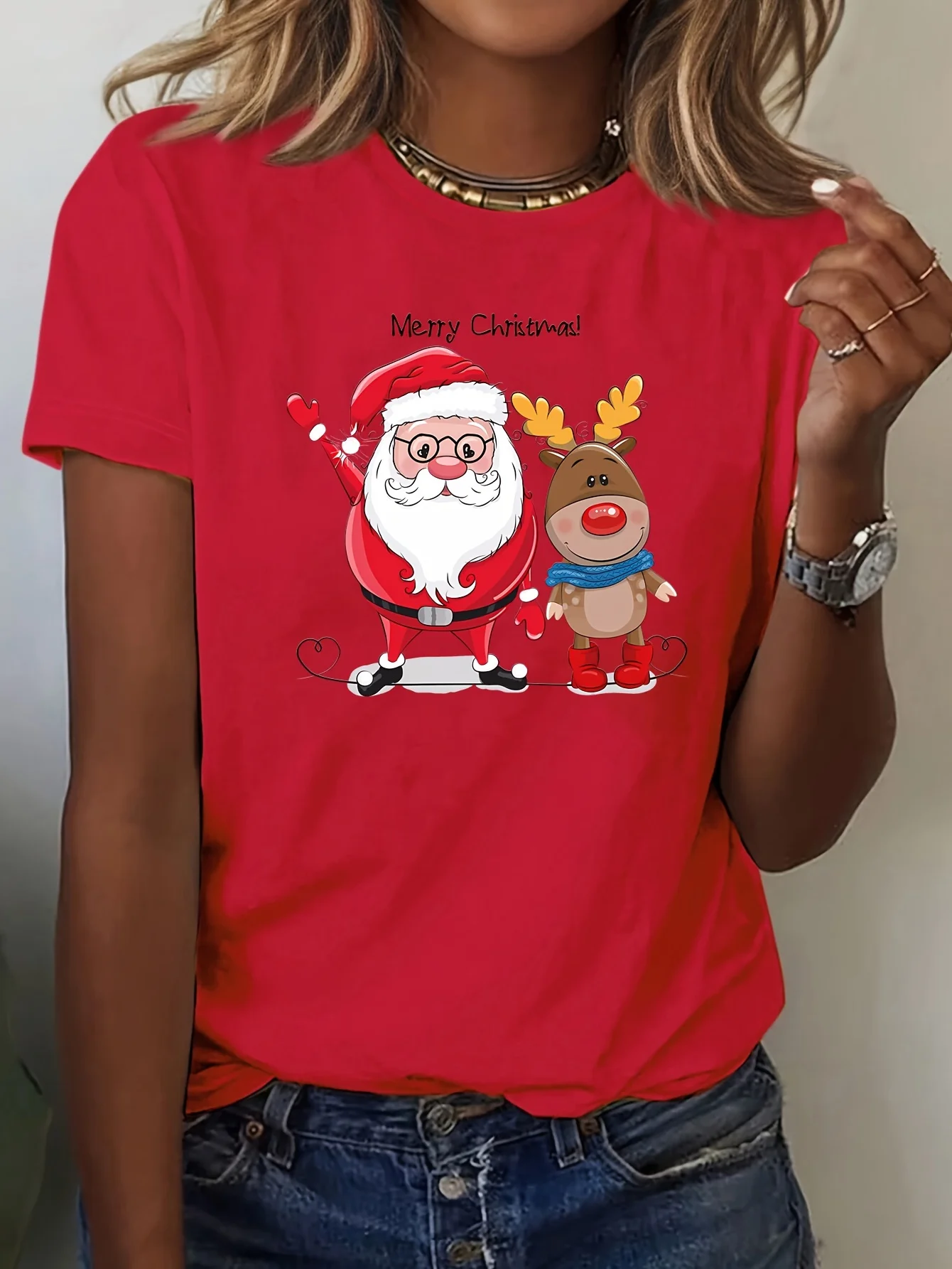 Festive Holiday-Themed Women's Santa and Reindeer Print Casual Short Sleeve Crew Neck Top Harajuku Short Sleeve