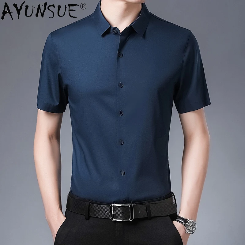 AYUNSUE Top 47% Mulberry Silk Shirt Men Clothing 22 Summer Male Social Shirt Non-iron Luxury Short Sleeve Coat Trend Large Size