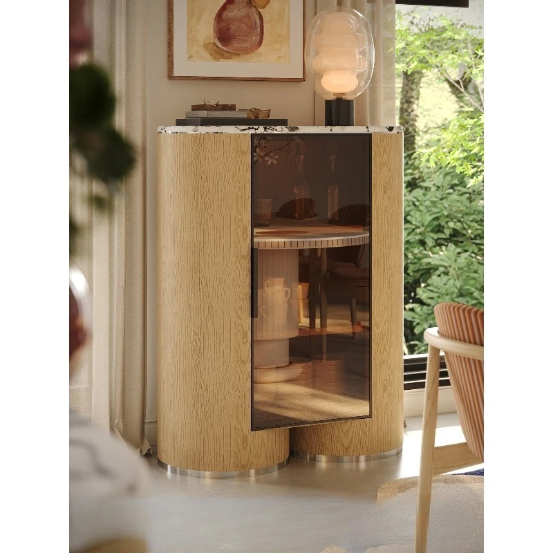 Solid wood living room light luxury glass display cabinet, against the wall home retro art white oak wine cabinet