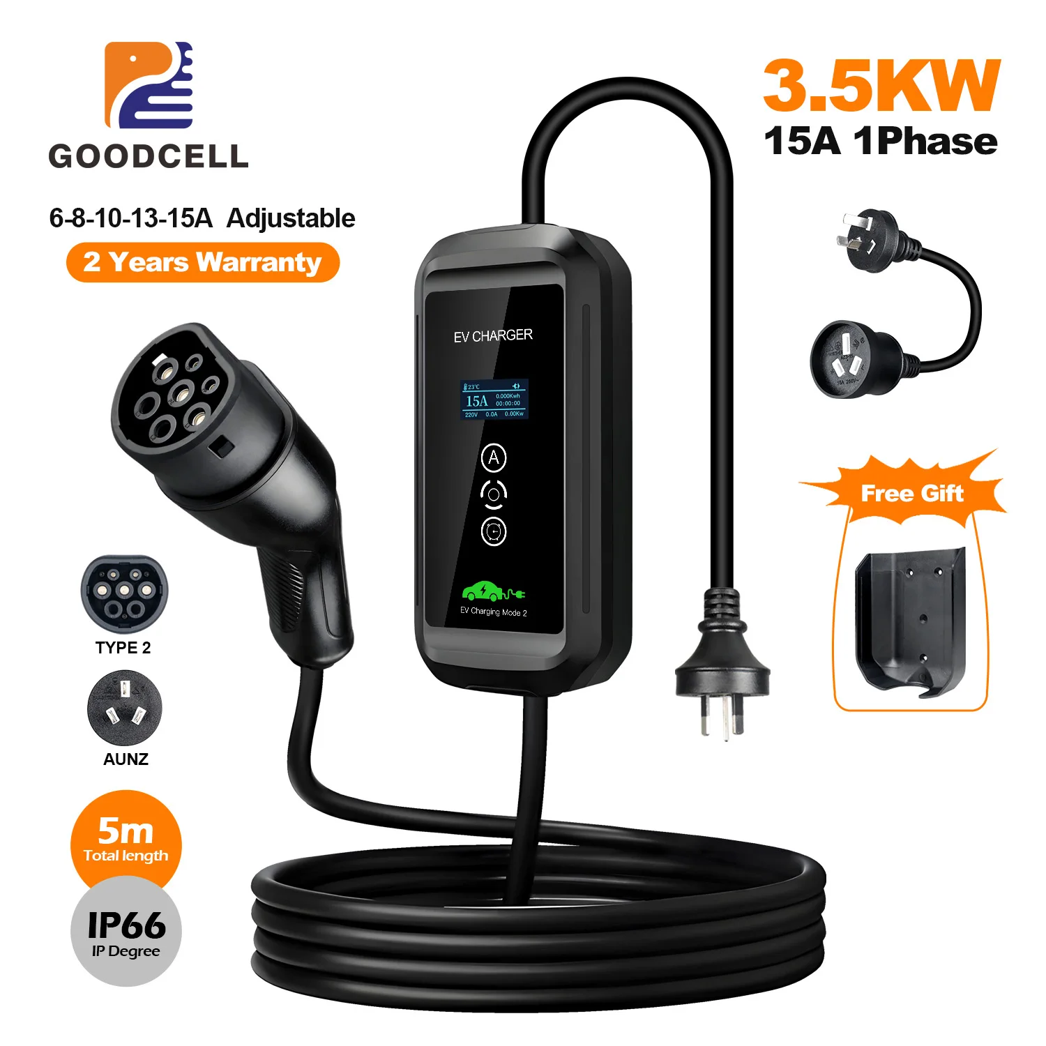 GOODCELL AUNZ 3.5KW 15A  Portable EV  Charger Type2 IEC62196-2 EVSE Charging Box Electric Vehicle Cars Charger CEE Plug 5M Cable