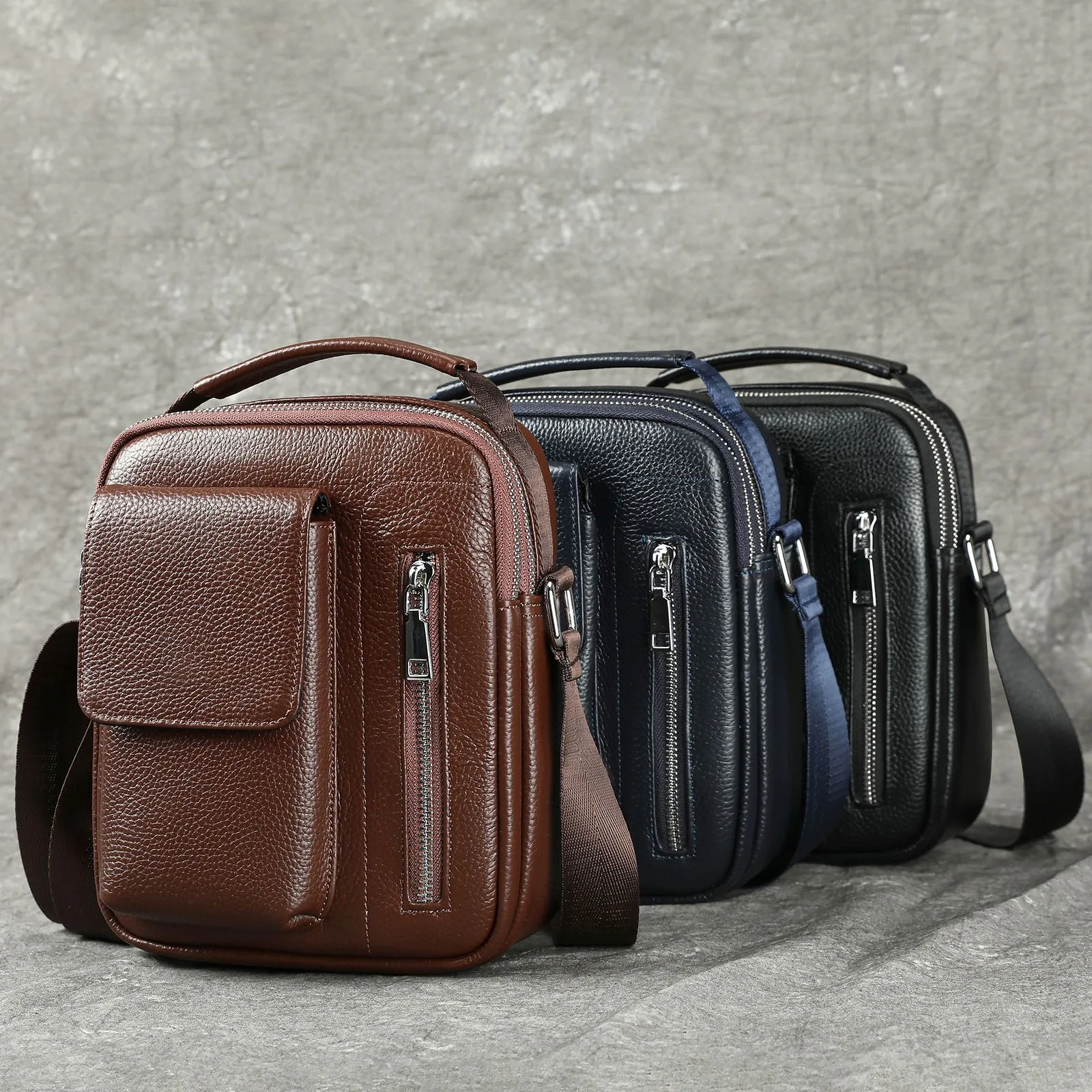 حقيبة كتف ساعي البريد للرجال حقائب يد كاجوال جلد طبيعي صغير حقائب كروس للرجل 2025 حبال الأعمال الزوج الأسود #2