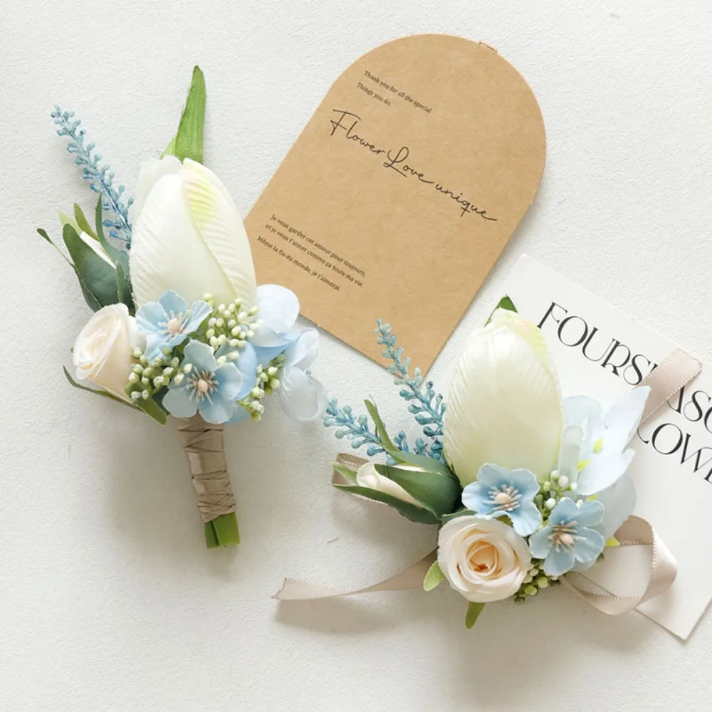 Tulip Corsage and Boutonniere Set for Wedding Prom Artificial Rose Flower Homecoming Corsage Boutonniere for Men Wedding