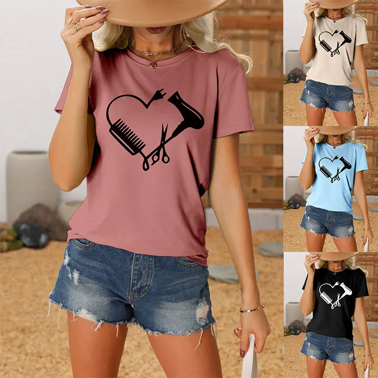 Summer heart-shaped comb scissors hairdryer printed T-shirt new casual women's short-sleeved top with loose casual round neck pu