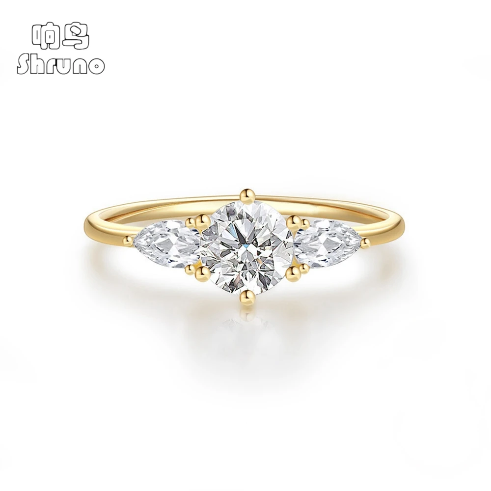 Shruno Solid 14K AU585 Yellow Gold Round Cut 1.0CT 6.5mm Moissanite Engagement Ring Three Stones Rings Halo Style for Women Gift