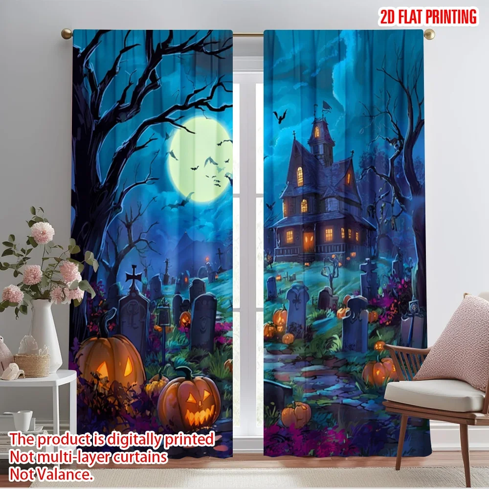 2pcs,2D plane printing Curtain Popular Halloween Scary Night Versatile 100% Polyester (without rod) Outdoor Decorations Ldeal