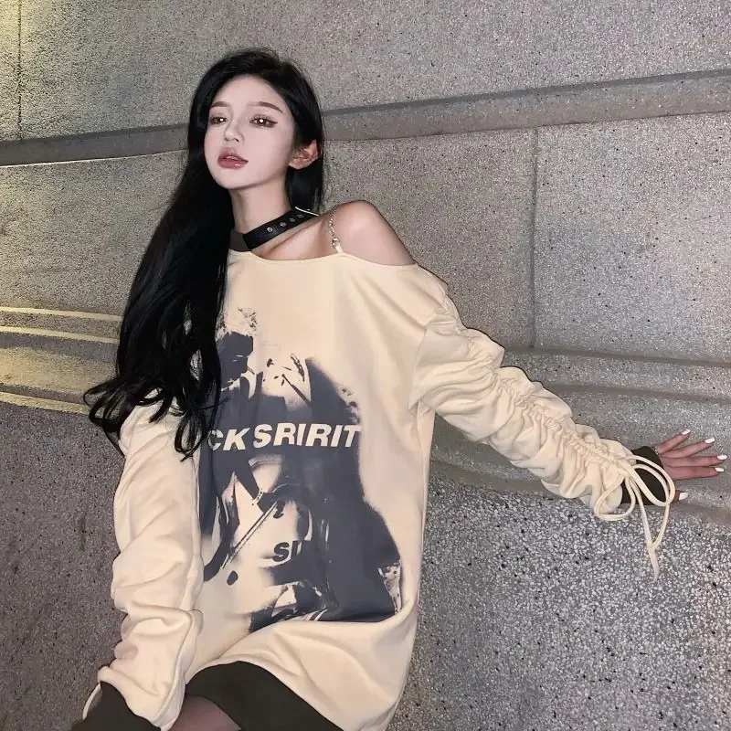 Hikigawa Spring Vintage Print Off Shoulder Tops Women Loose Casual Harajuku Long Sleeve O Neck Hoddies All Match Sweatshirts