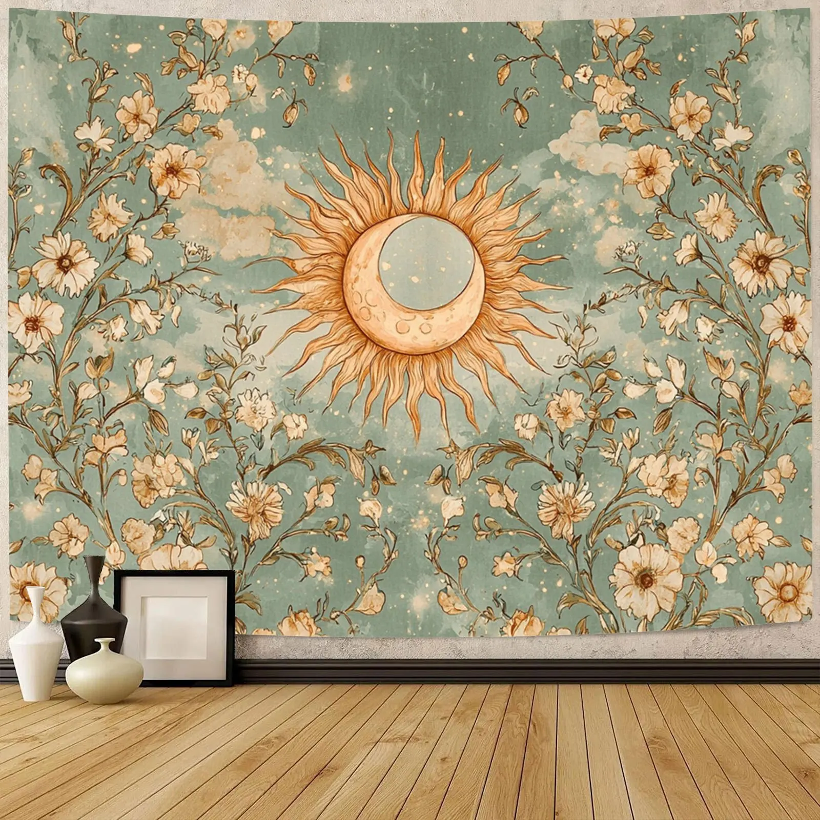 Sun And Moon Tapestry Vintage Bohemian Wall Hanging Sun Moon Flower Shadow In A Dreamy Green Ambiance Digital Print Large Tapest