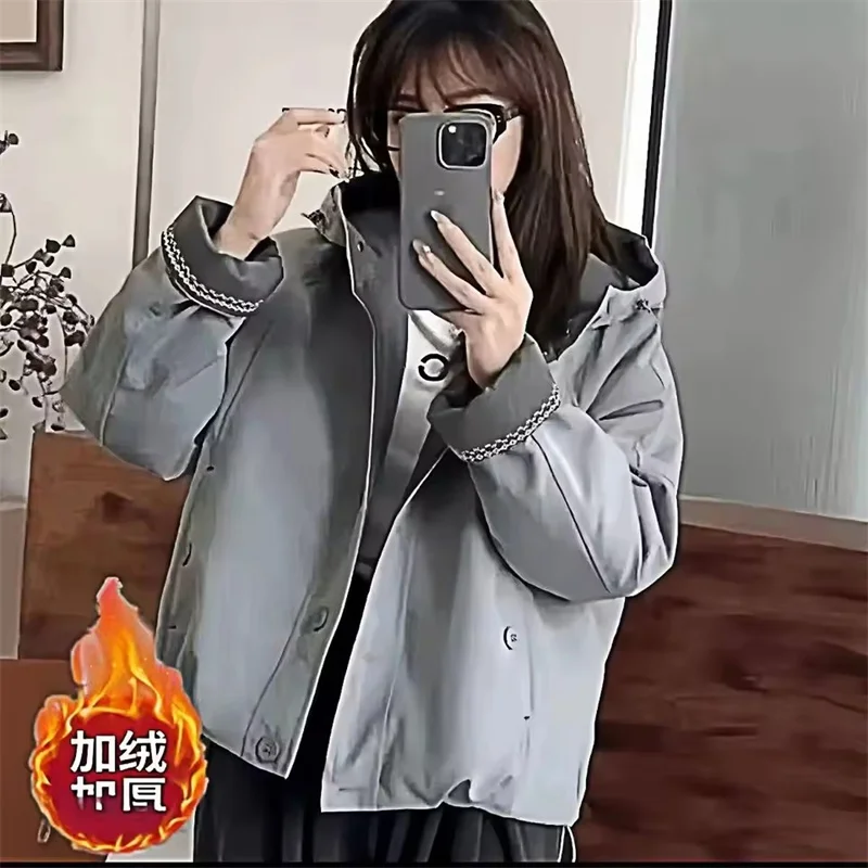 

Fashion Short Plus Velvet Jacket Women Autumn Winter New Warm Cotton Padded Coat Korean Hooded Outerwear Casual Female Overwear