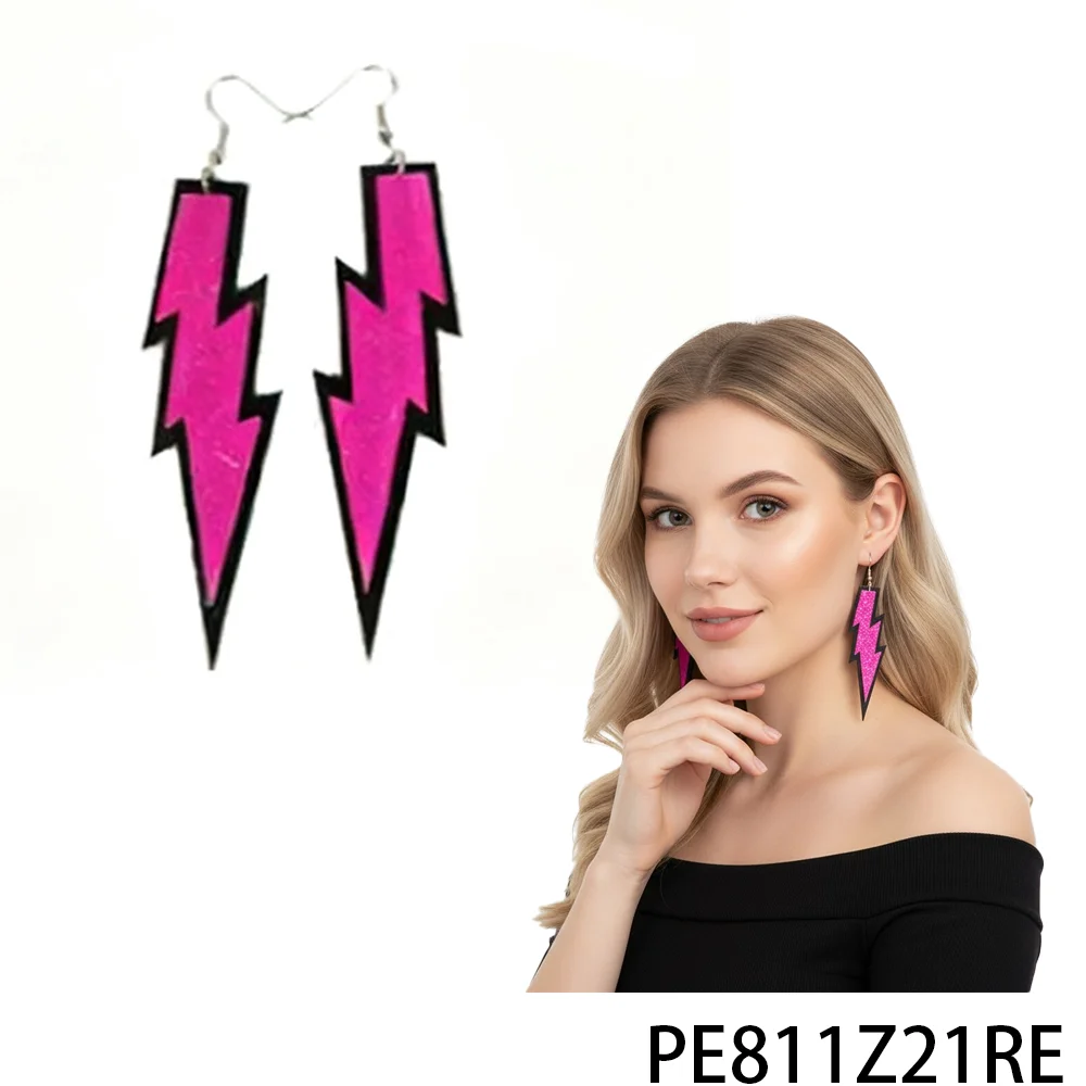 PESENAR 80s Party Essential Pink Lightning Bolt Earrings-Standout Retro Jewelry Great for Role-play and Cosplay