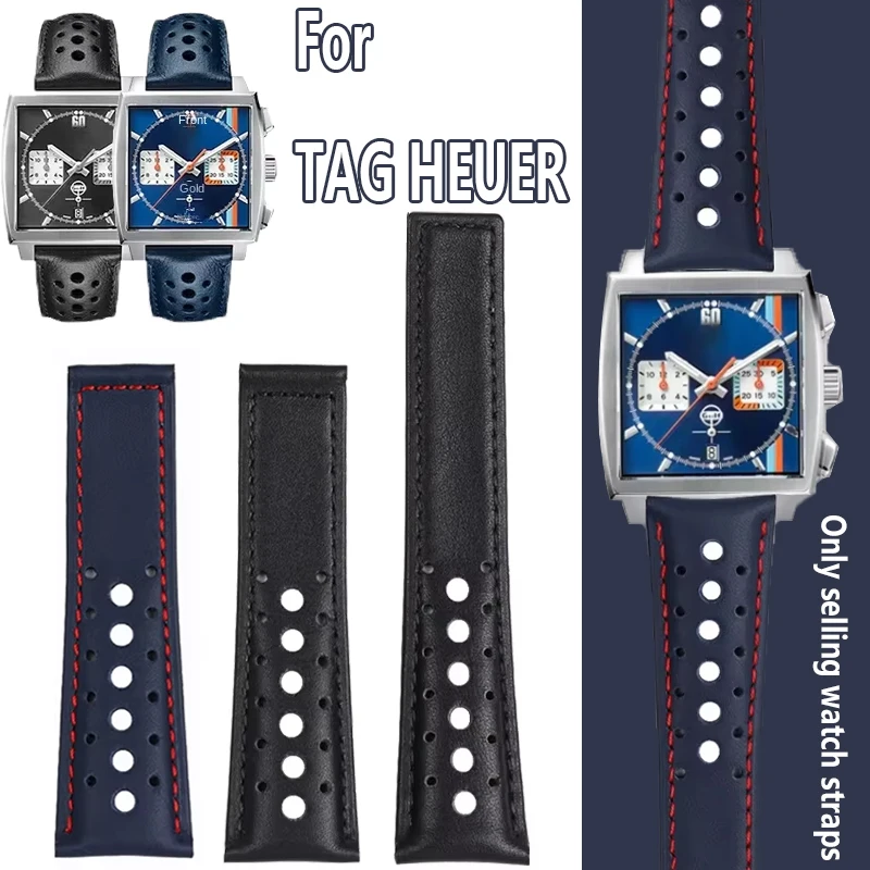 Pulseira de couro respirável 22mm para tag heuer monaco carrera cbl2115 pulseira de relógio de couro masculino fivela dobrável pulseira