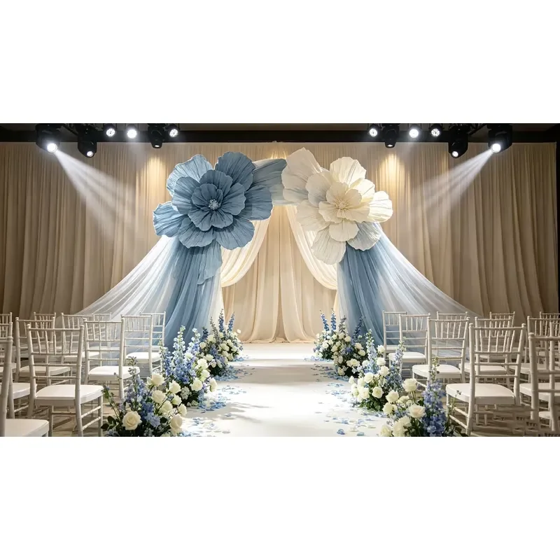 Crinkled Paper Giant Flower Arch With Tulle Drape Wedding Ceremony Backdrop Stage Photo Booth Decor Prop