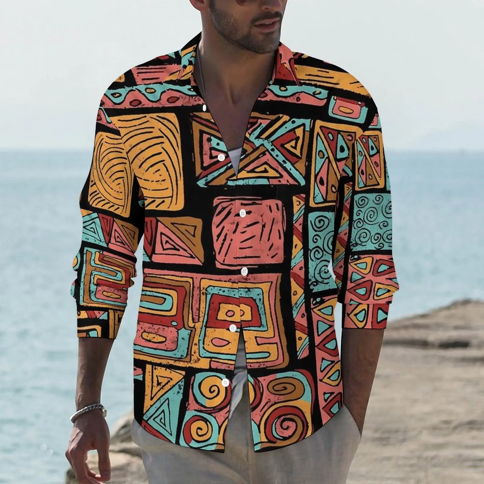 

Vintage Ethnic Shirt Spring Patchwork Print Casual Shirts Man Cool Blouses Long Sleeve Custom Street Clothes Large Size