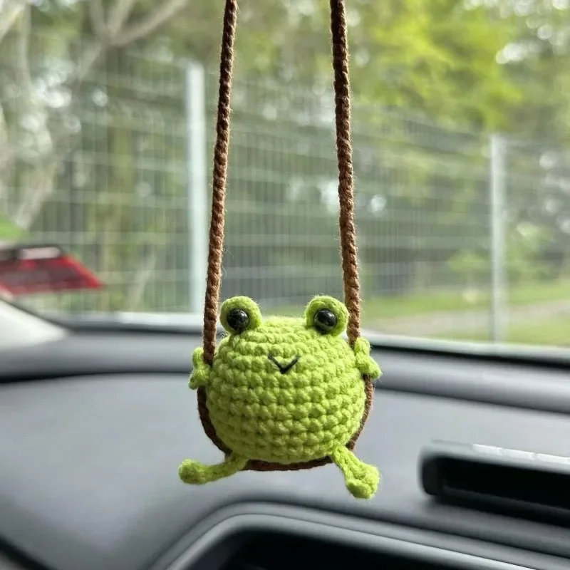 Cute Car Accessories Creative Handmade Crochet Frog Car Rearview Mirror Pendant Funny Doll Ornaments Christmas Gifts