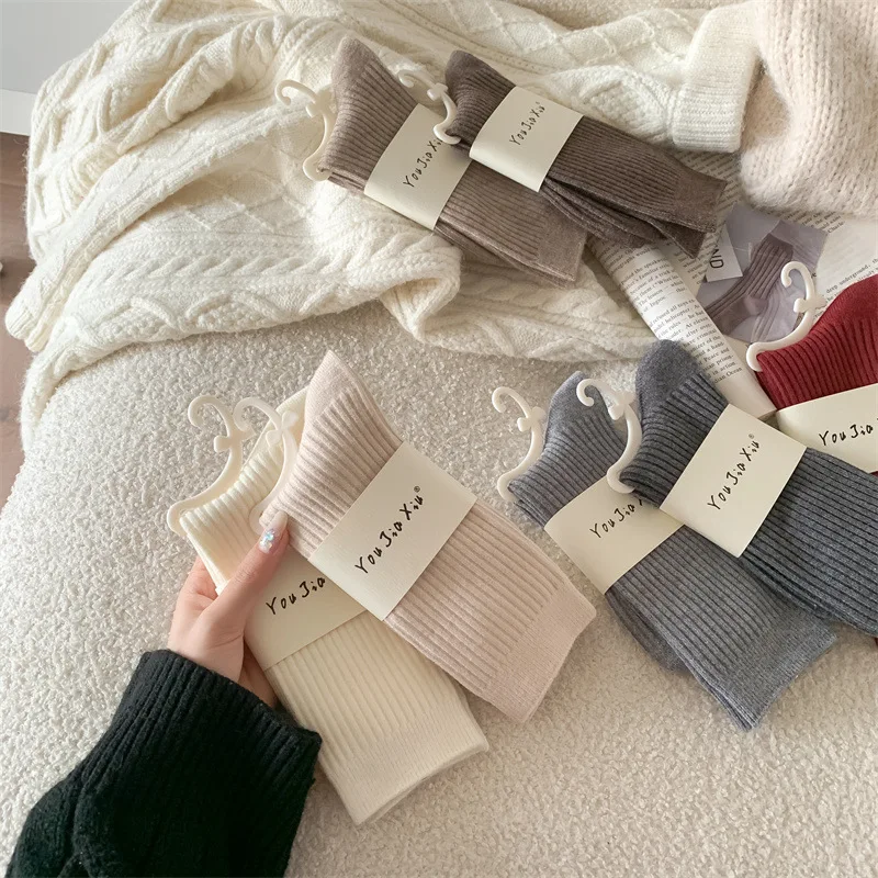Fall/Winter New Style Cashmere Socks - Retro Double-Needle Vertical Stripes Cashmere Socks - Solid Color Mid-Calf Women's Socks