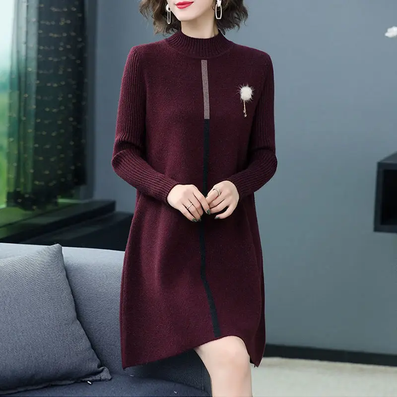 Women Autumn Winter Oversize Dress Knitting Sweater 2024 New Fashion Half High Collar Solid Patchwork Slim Office Lady Dress