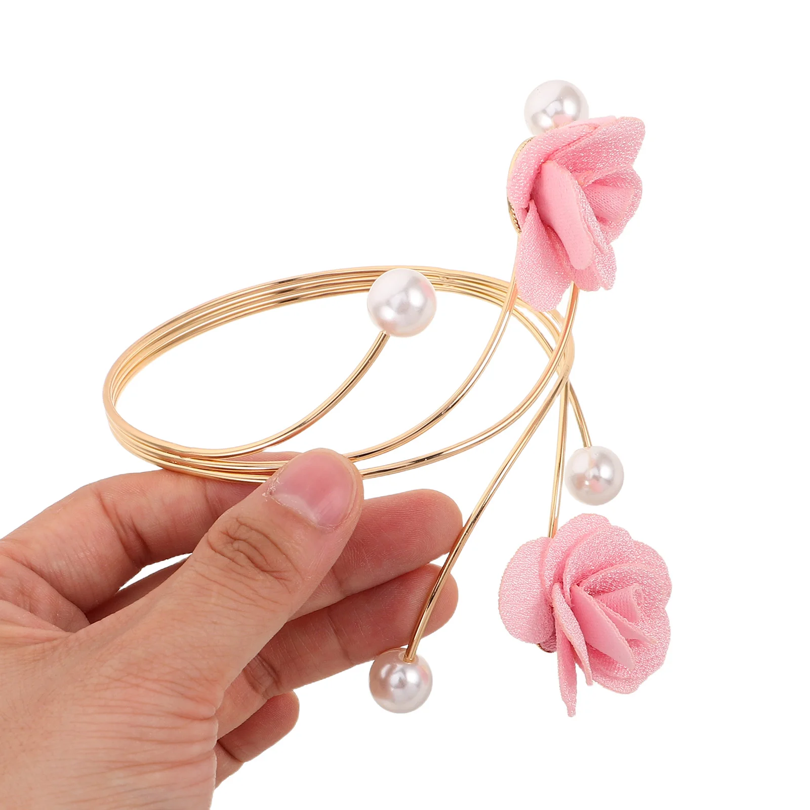 

2Pcs Adjustable Pearl Flower Open Arm Cuff Bracelet Metal Upper Arm Jewelry for Women Girls Flower Cuff Bangles