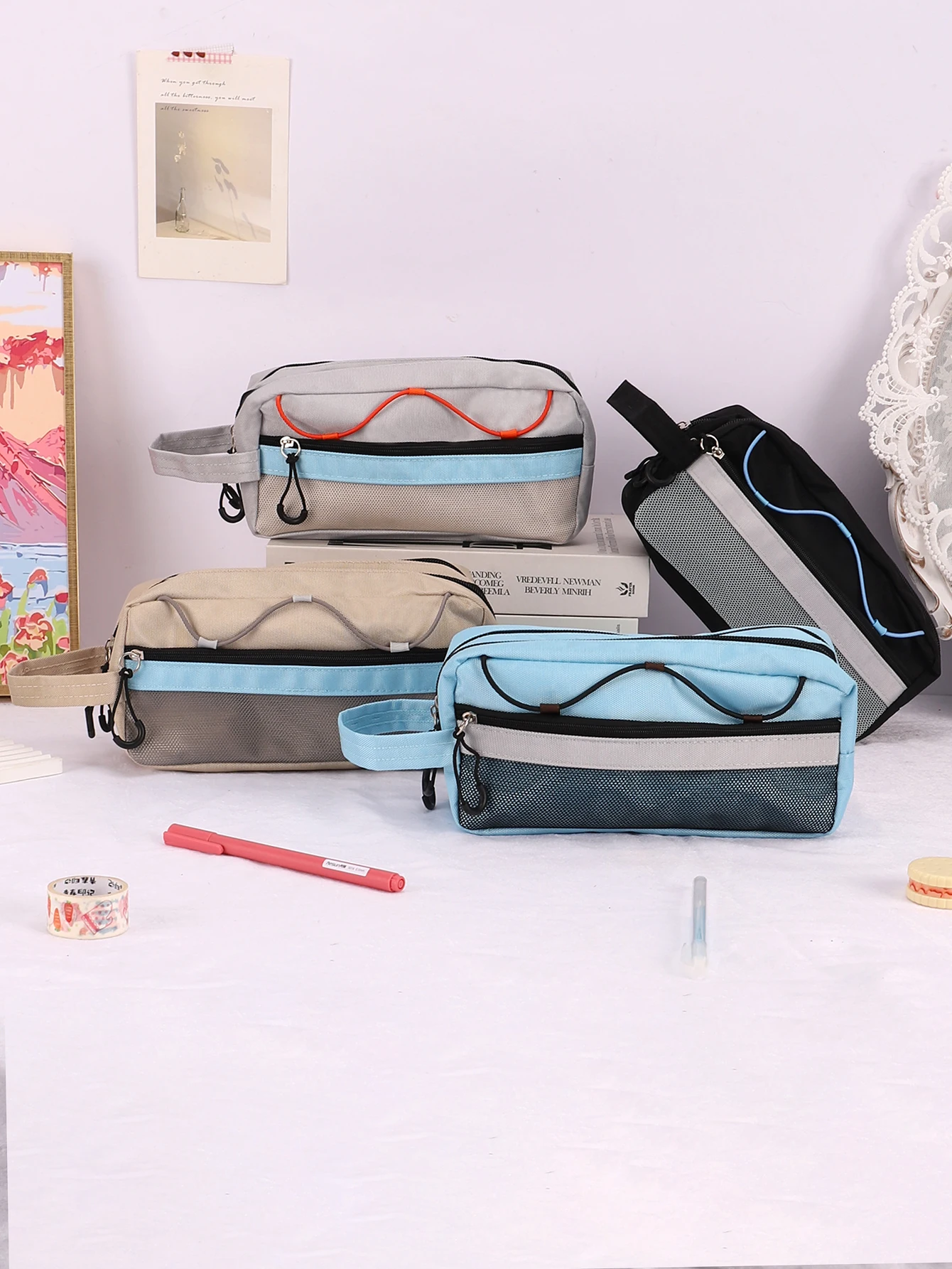 Multi Compartment Color Block Oxford Pencil Case with Hand Strap, Mesh Pocket Large Capacity Zipper Stationery Pen Pouch
