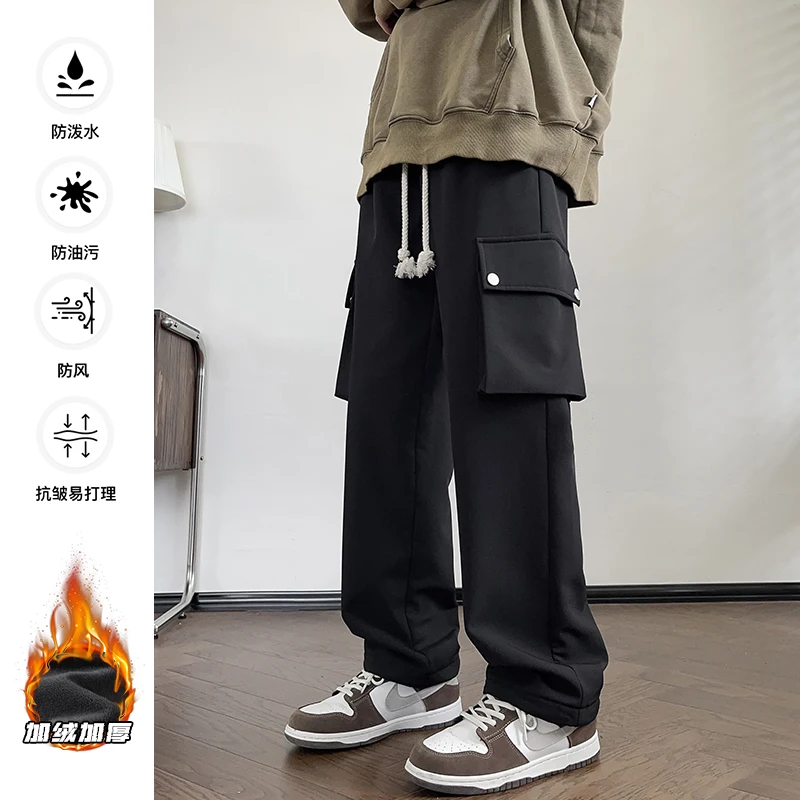 

LAPPSTER Y2k Fur Waterproof Cargo Tactical Pants Winter Men Casual Harajuku Sweatpants Streetwear Korean Fleece Pockets Joggers