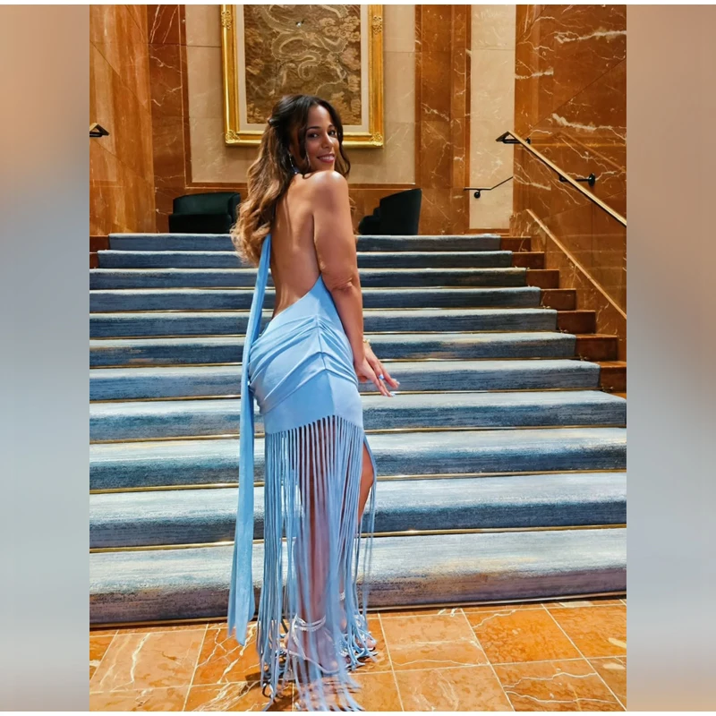 Women Sexy Tassel Patchwork Maxi Dress Elegant V-neck Wide Strap Sleeveless Waist-cinching Slim Fit Dresses Chic New Party Gowns