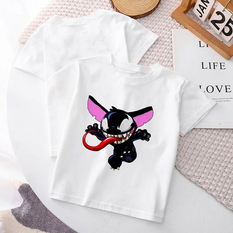 Stitch Venom T-shirt Children Tee Shirt for Girl Casual Clothes Disney Kawaii Cartoons Anime Kid Boy Short Sleeve Festival Tops