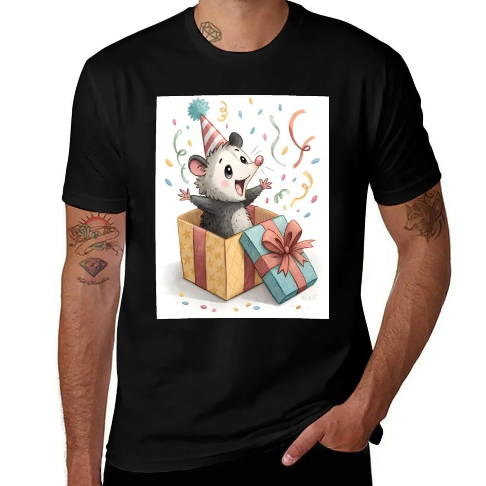 

Surprise Opossum in Gift Box – Happy Birthday Animal Card T-Shirt oversized t shirt mens t shirt