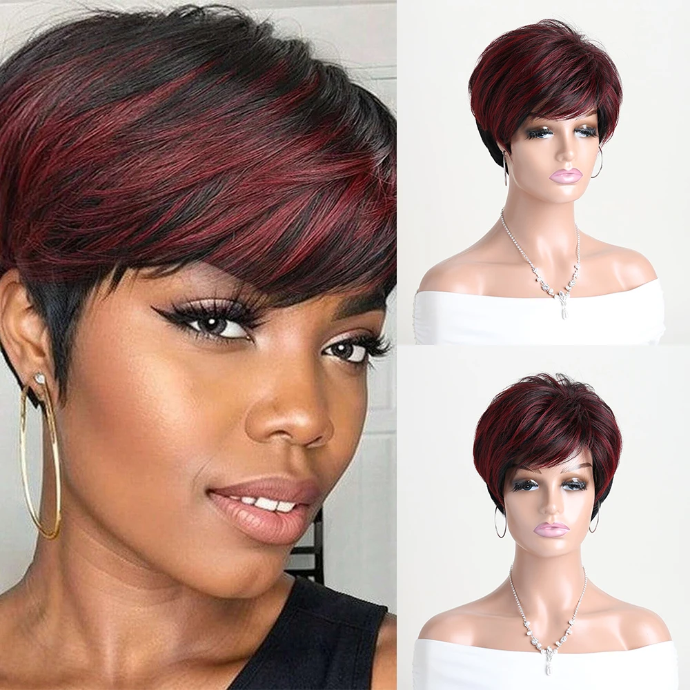 

Короткий синтетический черный смешанный винно-красный вьющийся парик для белых женщин, парики с стрижкой пикси, вечеринки, различные фестивали, встречи, ежедневно