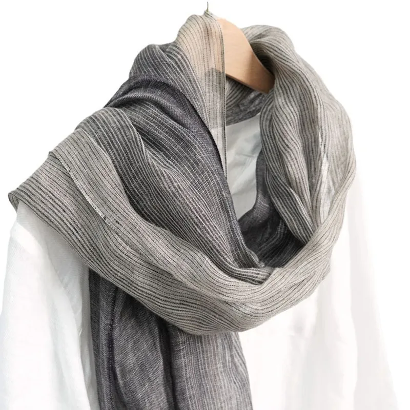 Japanese Vintage Gradient Stripe Linen Scarf Forest Women's Art Versatile Spring/Summer Breathable Shawl Neck Protection Scarf