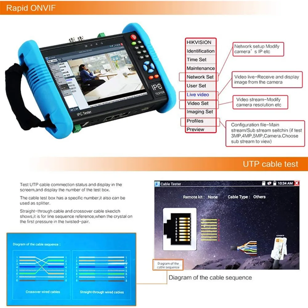 Imagem -04 - Pegatah-ipc Monitor de Teste com Saída Hdmi 4k Cctv Tester Cabo de Teste Rj45 e Tdr 9800plus Ti-9698ps