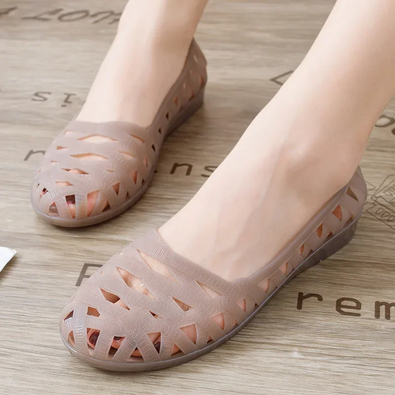 Women Purple Hollow Breathable Plastic Shoes Round Toe Low Price Wedges Slip-On Concise Daily Casual Loafers 2025