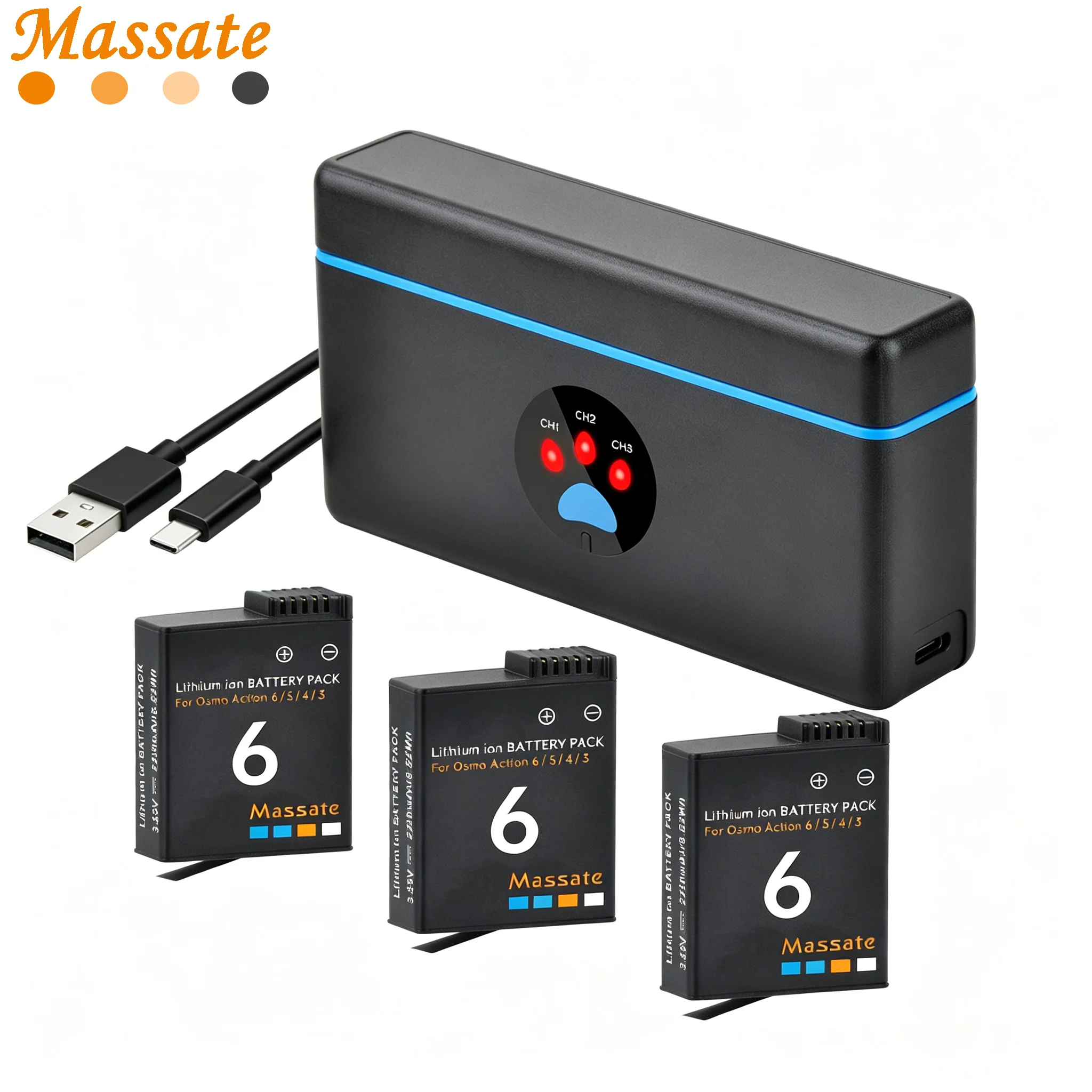 Massate 2280mAh DJI Osmo Action 6/5/4/3 Replacement Battery +3-Channel Fast Charger for DJI Action Series Sports Accessories
