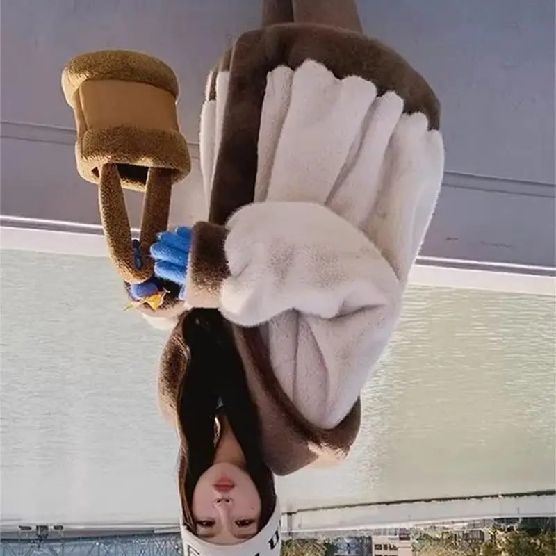 

Зимняя женская норковая флисовая плюшевая куртка с длинными рукавами в стиле ретро Femme с капюшоном, утепленная замшевая шуба, женская модная лоскутная куртка из искусственного меха