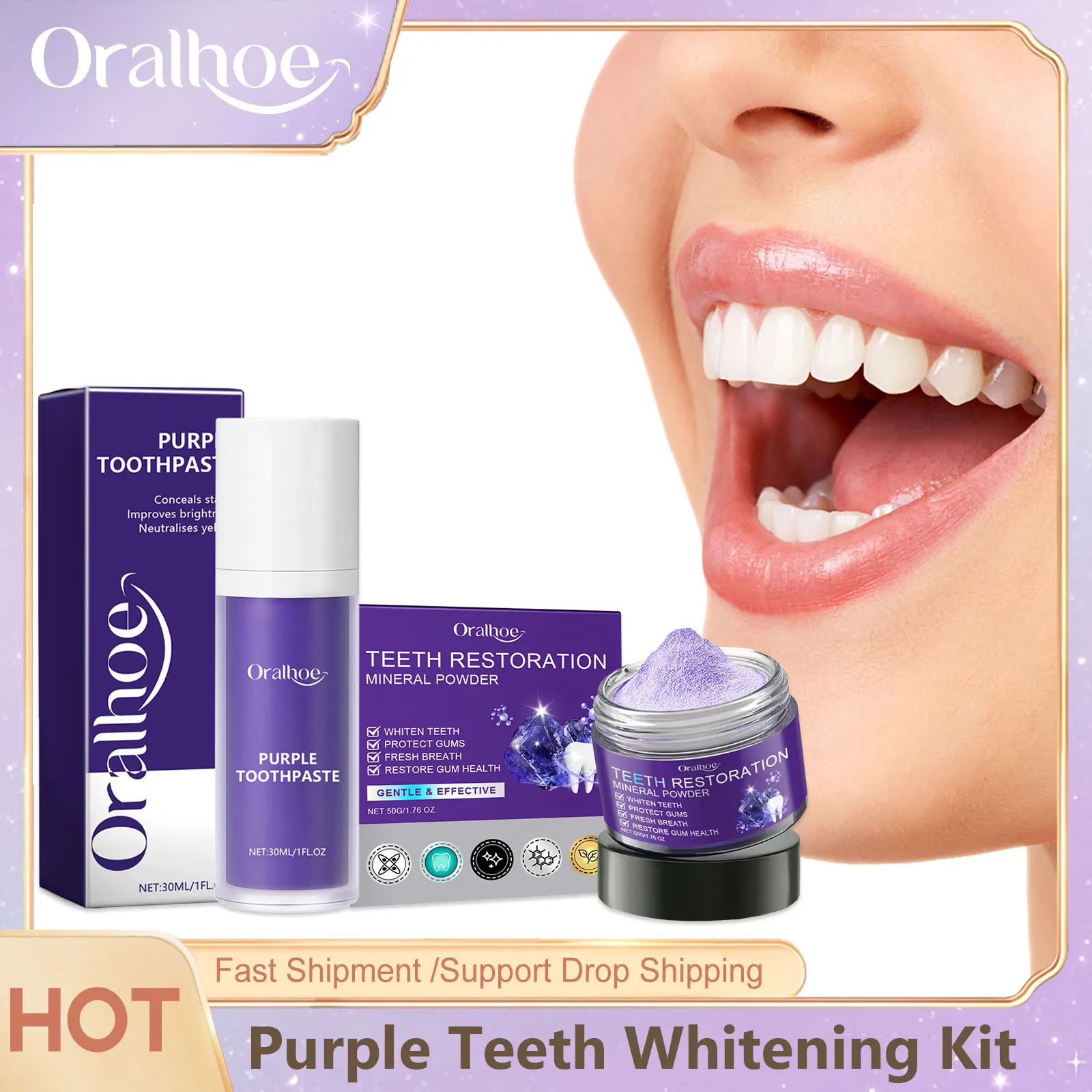 Purple Teeth Whitening Powder Toothpaste Brighten Yellow Teeth Remove Tooth Stain Fresh Breath Dental Cleaning Oral Care Product