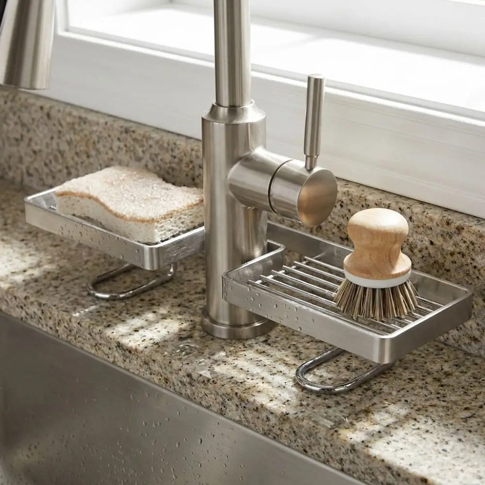 

Stainless Steel Bathroom Counter Shelf Anti Slip Integrated Sink Faucet Sink Drying Shelf Stable Hollow Out Sink Storage Rack