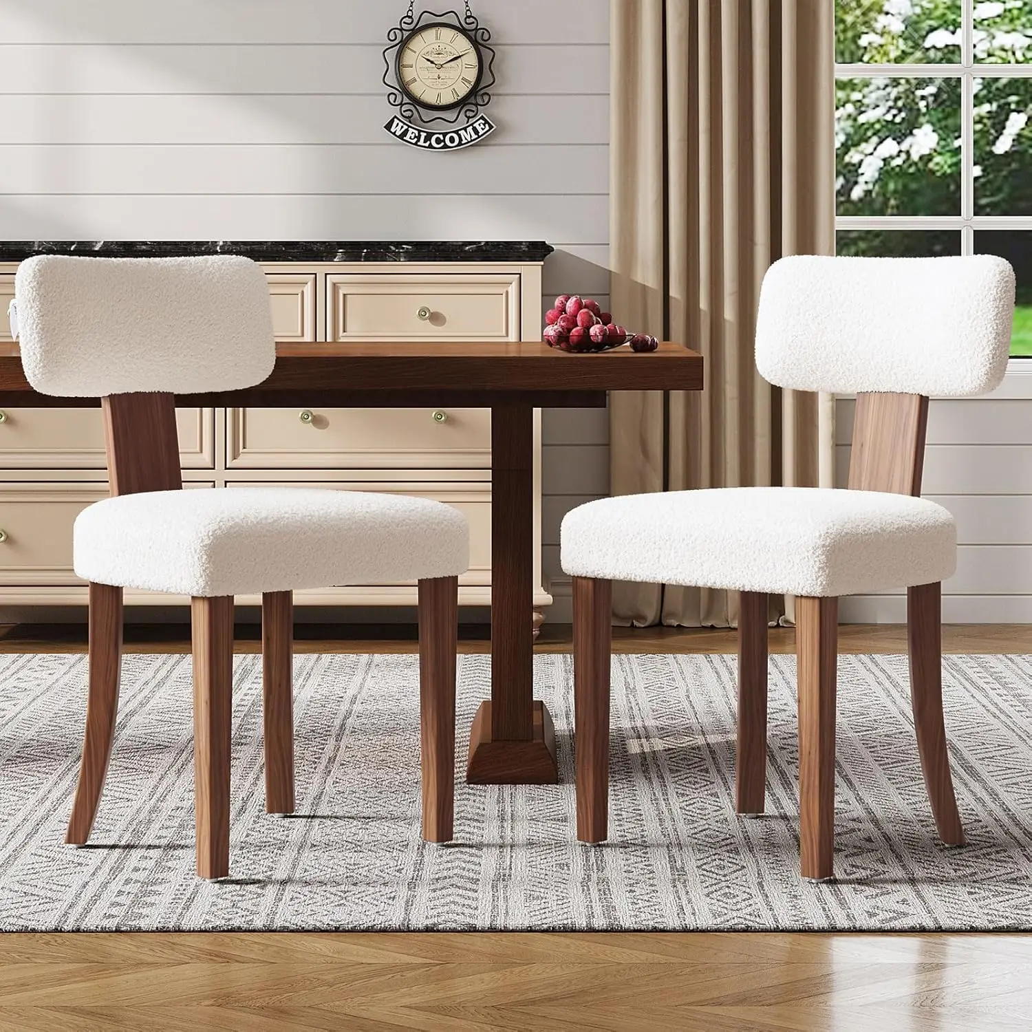 Sillas de comedor modernas para sala de estar, Juego de 2 sillas de cocina tapizadas de Sherpa con barra curvada y patas ajustables